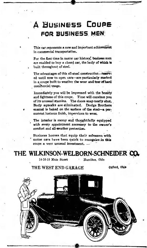 An early ad for Welborn's Dodge dealer from July 1922 in The Hamilton Evening Journal. 