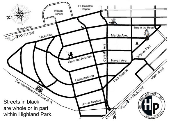 2019 map of the Highland Park neighborhood in Hamilton, Ohio based on the research of resident historian Dave Duricy.